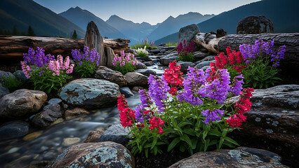 Vibrant wildflowers blooming among rocks in serene mountain landscape