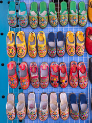 Colorful leather slippers decorated with berber patterns, Morocco