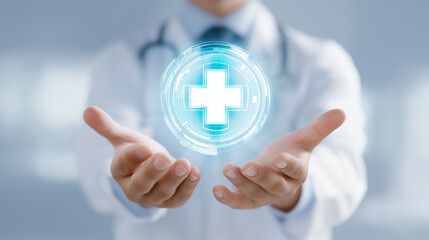 A healthcare professional holds out hands, presenting a glowing digital health symbol, symbolizing innovation in patient care and medical technology.