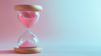 A whimsical hourglass with pink sand shaped like a heart, set against a gradient background of soft pink and blue, symbolizing love and the passage of time.