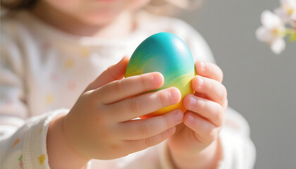 Naklejka premium Child holding colorful Easter egg in softly lit indoor environment 