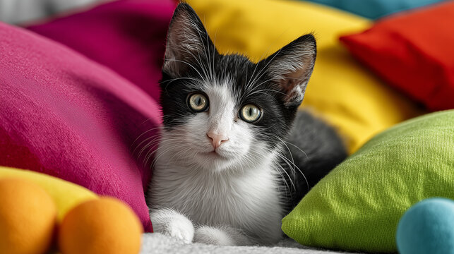 A curious black and white kitten relaxes among colorful pillows, capturing the essence of playfulness and comfort in a cozy setting. - Powered by Adobe