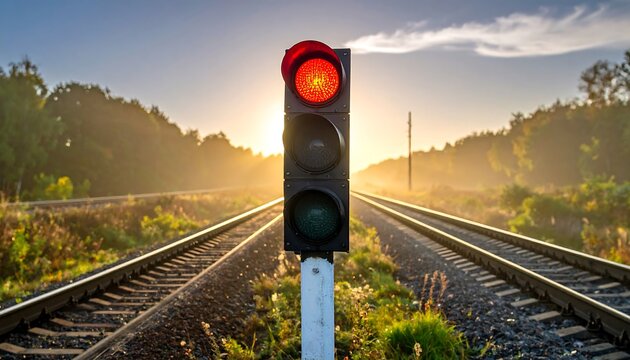 A red traffic light atop a pole warns of an approaching hazard. Rails recede into the distance, framed by verdant vegetation. The sun peeks over the tree line