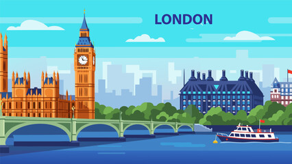 Vector illustration of London cityscape with iconic landmarks, river, and bridge in a vibrant vector style, b.eps inspired © PDWN Creative