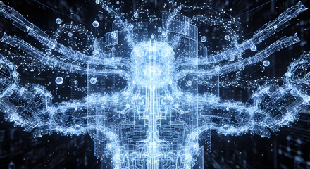 Abstract digital visualization of an illuminated holographic humanoid figure constructed from interconnected glowing circuits and data points symbolizing advanced artificial intelligence technology