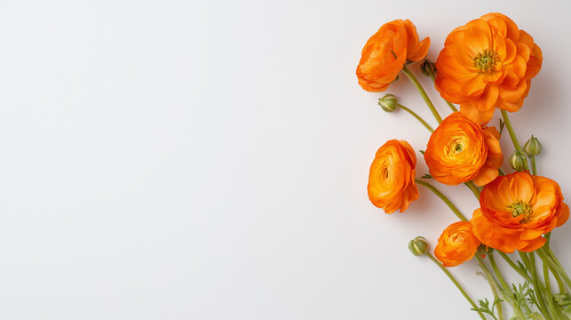 Vibrant orange ranunculus flowers arranged gracefully on a clean, light background, radiating beauty and freshness.