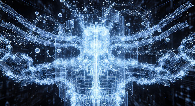Abstract digital visualization of an illuminated holographic humanoid figure constructed from interconnected glowing circuits and data points symbolizing advanced artificial intelligence technology - Powered by Adobe