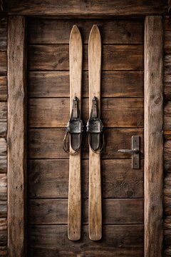 Rustic Winter Sports Concept With Antique Skis On Wooden Door - ideal for winter sports, alpine lodge, ski travel, seasonal campaigns, and outdoor lifestyle concepts.