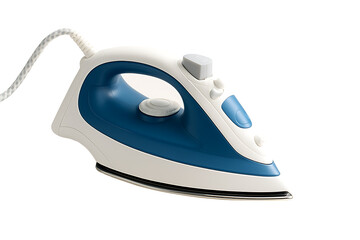 Modern electric steam iron tool with blue handle and white body isolated on transparent background representing household laundry appliance cleaning and wrinkle care concept design
