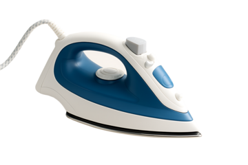 Modern electric steam iron tool with blue handle and white body isolated on transparent background representing household laundry appliance cleaning and wrinkle care concept design