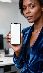 Confident businesswoman holding smartphone with blank screen