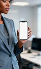 Businesswoman holding smartphone with blank screen in office