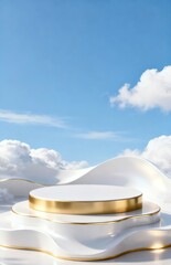 White and gold podium on cloud landscape with blue sky