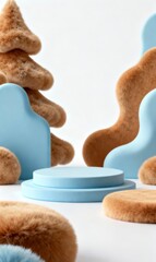 Minimalist blue and brown furry abstract podiums with soft textures