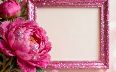 Pink glitter frame with peony flowers and bokeh lights
