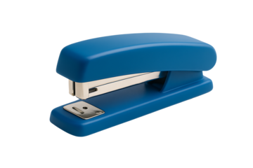 Blue office stapler isolated on black background representing business workplace organization tool equipment supply concept for productivity and efficiency 