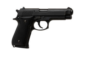 Black pistol handgun isolated on dark background modern firearm weapon concept representing security defense safety and tactical equipment with metallic structure and detailed texture design