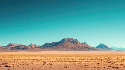 Vast desert landscape with rugged mountains under clear blue sky