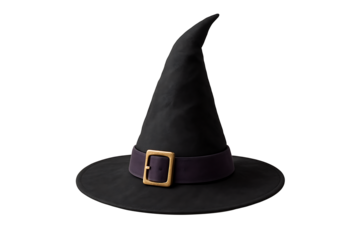 Black witch hat with gold buckle isolated on transparent background representing halloween costume spooky accessory magical fantasy and mystical traditional hat design concept illustration