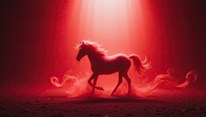 Majestic horse running in dramatic red light with flowing mane