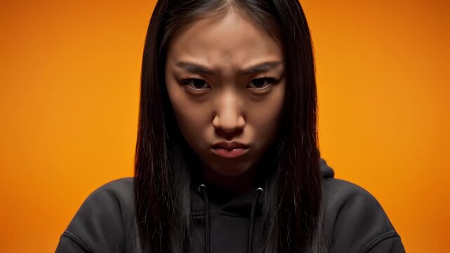 Angry Asian Woman Staring Intensely at the Camera, Orange Background