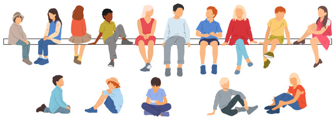 Teenagers and children sitting on a bench, group silhouettes of students, boys and girls, different colors, cartoon character, 
 flat icon design concept isolated on white background
