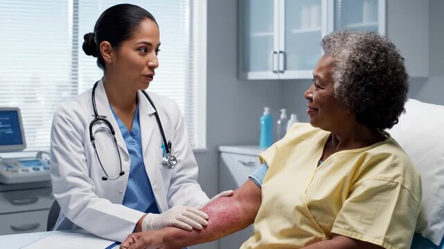 Female Doctor Examining an Elderly Patient's Arm in Hospital Room, Smiling