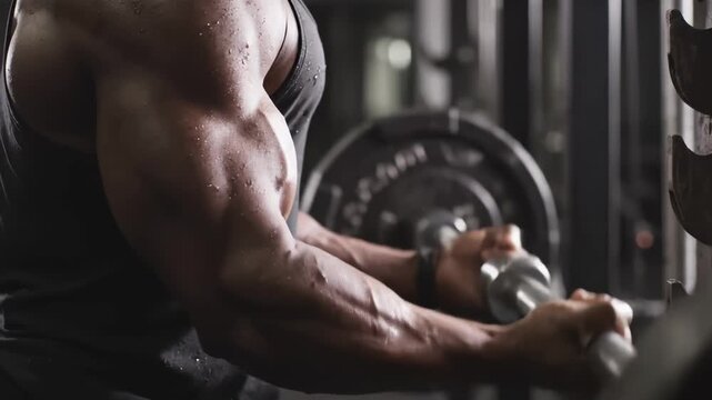 Strong Man Doing Bicep Curls With Barbell in Gym