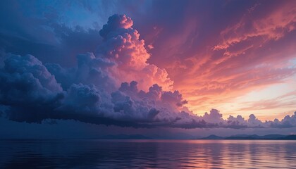Vibrant sunset over serene ocean with colorful clouds reflecting on water