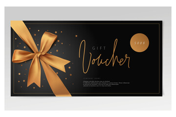 vector golden bow gift with voucher balloon and a tag