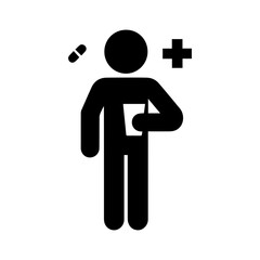 icon of a person taking medicine, a stick figure with a glass of water, and a pictogram