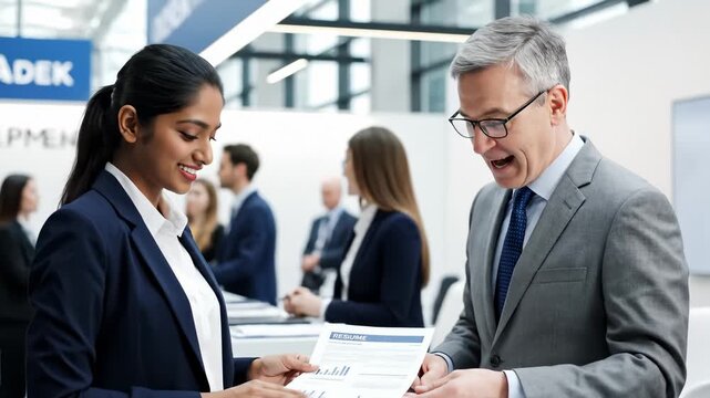 Young Woman Submitting Resume to Recruiter at Job Fair