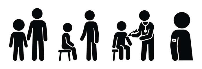 Set of icons: vaccination, injection, medical procedure, stick figure, person, adult and child symbol, pictogram.