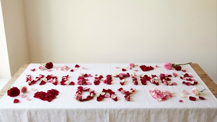 Valentine's Day Message Spelled with Red and Pink Rose Petals on White Tablecloth, Romantic Love Celebration Background