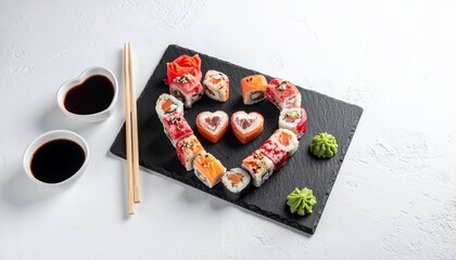 Heart-shaped sushi arrangement with dipping bowls, chopsticks, and wasabi on a slate board
