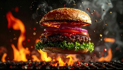 A perfectly crafted burger levitates over fiery grill, ingredients visible in a smoky environment