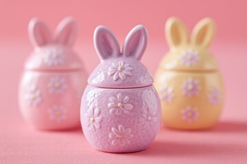 Decorative ceramic containers shaped like bunnies in pastel colors, featuring floral patterns, arranged on a soft pink background, perfect for spring celebrations and festive decor