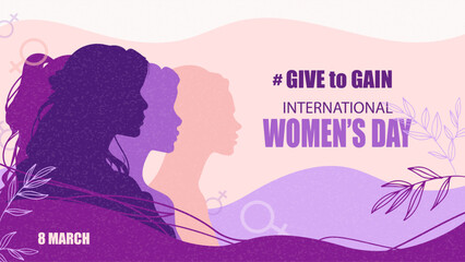 Happy Women's day, give to gain horizontal  banner, textured background, march event, action 2026, 