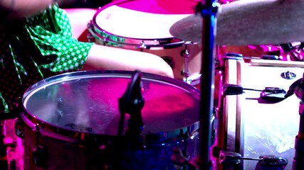 Female Drummer jammin' out at Brooklyn nightlife venue hitting symbal. 4K