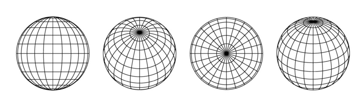 Spherical grid globe shapes PNG set. Striped 3D wireframe earth globe abstract vector icons