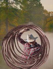 Cowboy is framed by rawhide lariat rope. It shows him kicking up dust as ranch hand with hat throws the rope in the air to make a loop. Lasso is enlarged to make the frame.