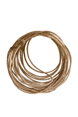 Rope framing makes a circle. Round frame made of cowhide is isolated. Circular rope frame is old leather lariat long enough to  make several loops.