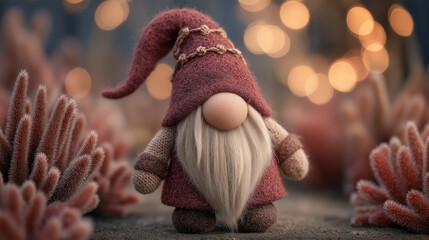A cute, handcrafted gnome figure stands amidst fuzzy coral-like plants, with warm bokeh lights creating a magical, whimsical atmosphere.