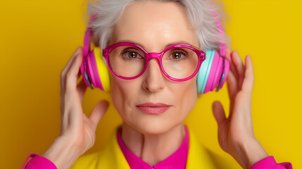 A stylish older woman in vibrant headphones and glasses exudes confidence against a bright yellow background.