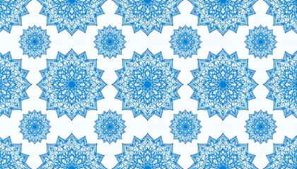 A seamless pattern featuring numerous detailed, symmetrical, light-blue ornate designs against a stark white backdrop