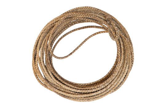 Rope wreath  framing makes a circle. Round frame made of cowhide is isolated with a loop. Circular rope frame is old leather lariat long enough to  make several loops.