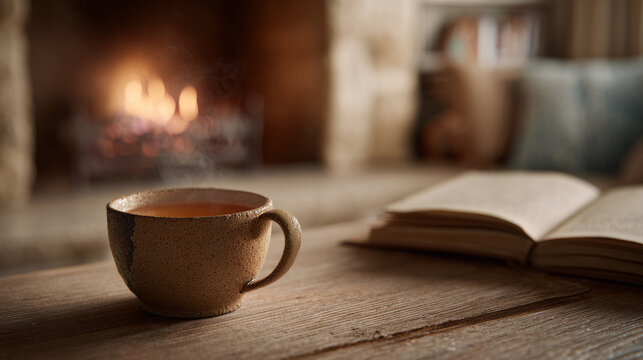 A warm cup of steaming tea rests on a rustic wooden table, with an open book nearby and a cozy fireplace glowing in the background.