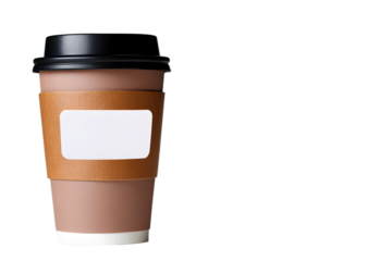 Coffee cup with a cardboard sleeve placed on a white surface in an indoor setting during daytime
