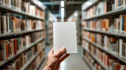 A hand holds a blank book in a library aisle, surrounded by shelves filled with books, creating a serene atmosphere for readers.