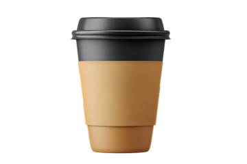 Coffee cup with black lid and brown sleeve standing on a plain surface at a quiet cafe